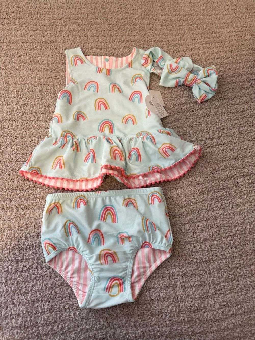 Mud Pie Girl Rainbow/ Stripe Reversible Two Piece Swimsuit & Headband 5T NEW